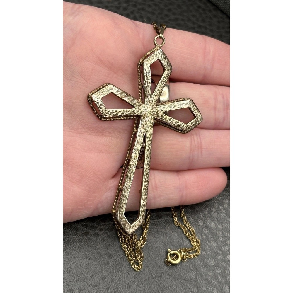 HUGE Vermeil Sterling Silver Cross Pendant And Gold Filled Chain Necklace 28"